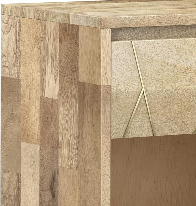 SIMPLIHOME Jager Bedside Table - 22 inch Wide Solid Mango Wood Nightstand in Natural, Mid Century Contemporary Bedroom Side or End Table with Brass Metal Inlay, 1 Drawer, and Open Storage
