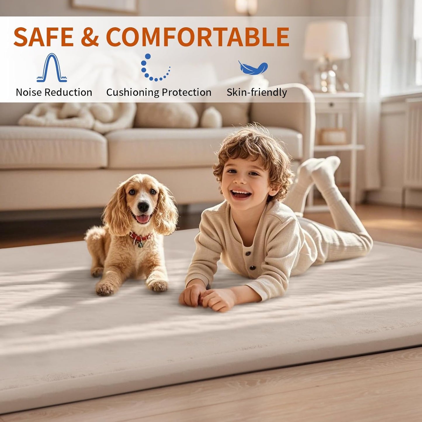ACOMOPACK Baby Play Mat for Floor,1.3" Thick Memory Foam Area Rug for Living Room,Soft Velvet Crawling with Non-Slip Bottom for Kid,Toddler,79"×157" Tummy Time Nursery Rugs,Yoga（Beige）