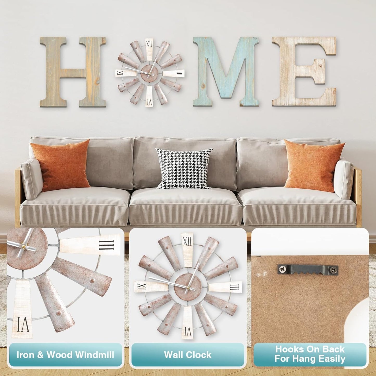 ZAZIWZ Farmhouse Home Signs with Windmill Clock Wall Decor Rustic Home Letters Wall Art for Living Room Kitchen Entryway Dining Room Bedroom (mix color)