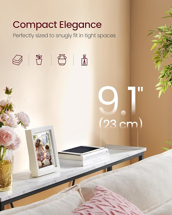 VASAGLE Console Sofa Table, Narrow Entryway Table, for Living Room, Bedroom, Easy Assembly, Marble White and Ink Black ULNT020W01