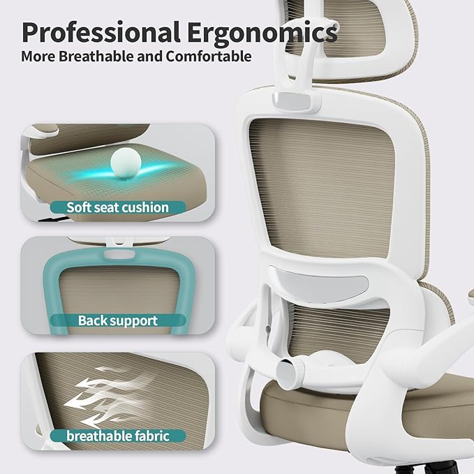 TRALT Office Chair Ergonomic Desk Chair, 330 LBS Home Mesh Office Desk Chairs with Wheels, Comfortable Gaming Chair, High Back Office Chair for Long Hours (Khaki)