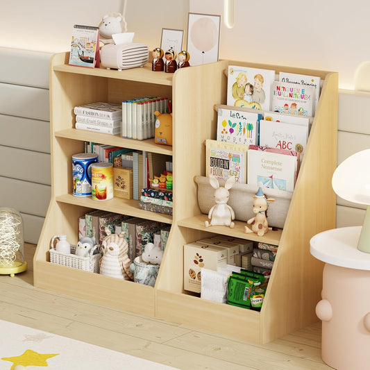39" Large Kids Wooden Bookshelf and Toy Storage Organizer, Baby Bookcase with Sling Book Rack, Children Toddler Wooden Book Shelf for kids rooms, Playroom, Classroom, Nursery, School (Natural)