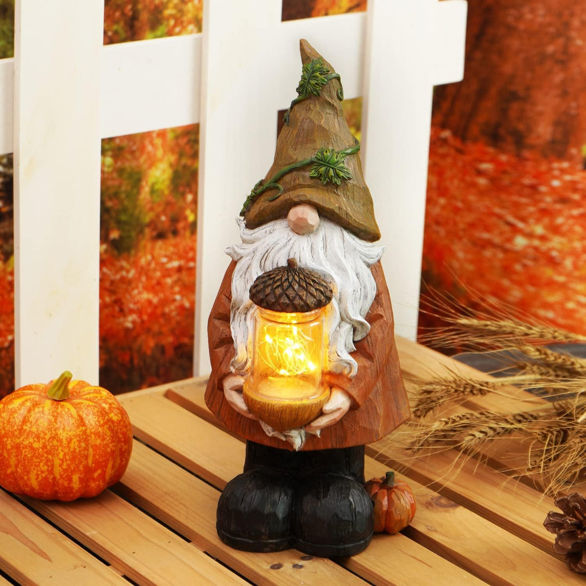 Topadorn Fall Garden Gnome Statue Light, Autumn Harvest Gnome Figurine with Pine Cone on Hand for Fall Harvest Party Thanks, Autumn Thanksgving Gifts for Famliy