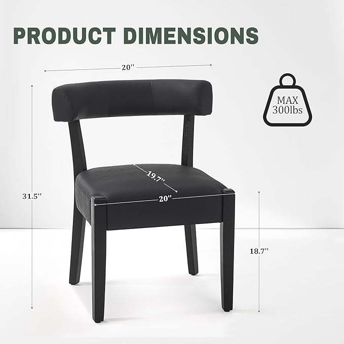 Modern Black Dining Chairs Set of 8, Faux Leather Upholstered Kitchen & Dining Room Chairs, Mid Century Modern Wooden Dining Chairs Oversized Sturdy Rounded Chairs Curved Back