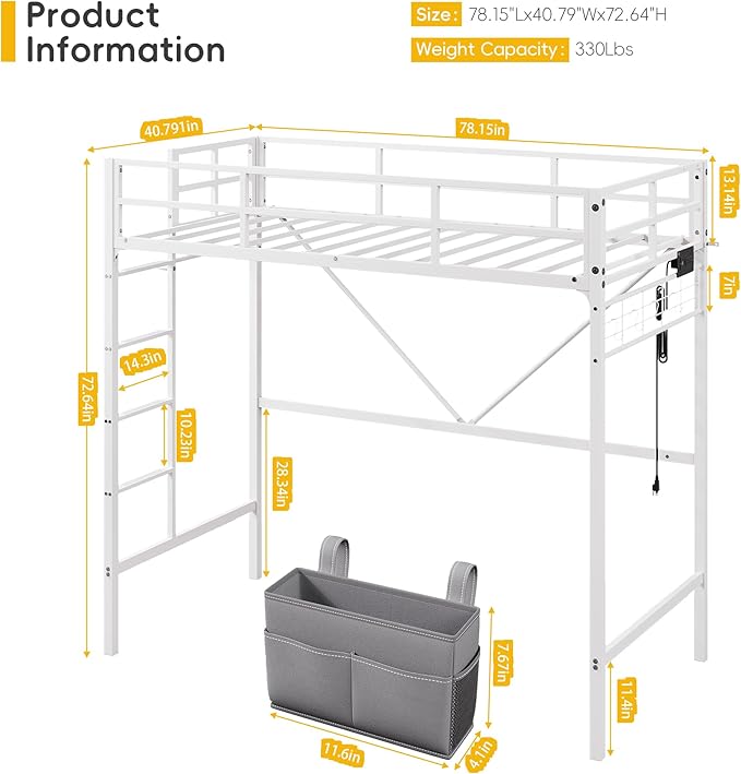 Loft Bed Twin,Loft Bed with Built-in Power Outlet LED Lights,Clothing Hanger Space Saving,Storage Pouch,Heavy Duty Metal Safety Guard Rail for Kids Teens Adults,No Box Spring Needed,White