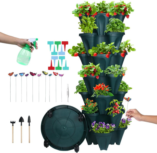DUNCHATY Stackable Planter, Vertical Strawberry Planter with Garen Tool Set, Self Watering Garden Planter Indoor/Outdoor 7 Tier Herb Planter Pots for Growing Vegetables and Succulents, Pine Green