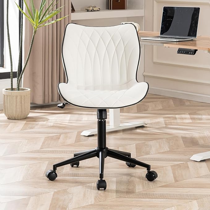 YOUNUOKE Armless Desk Chair Comfy Office Chair with Wheels Home Ergonomic Task Chair Adjustable Computer Chairs Modern Faux Leather Swivel Chair Upholstered Makeup Vanity Chair with Back(White)