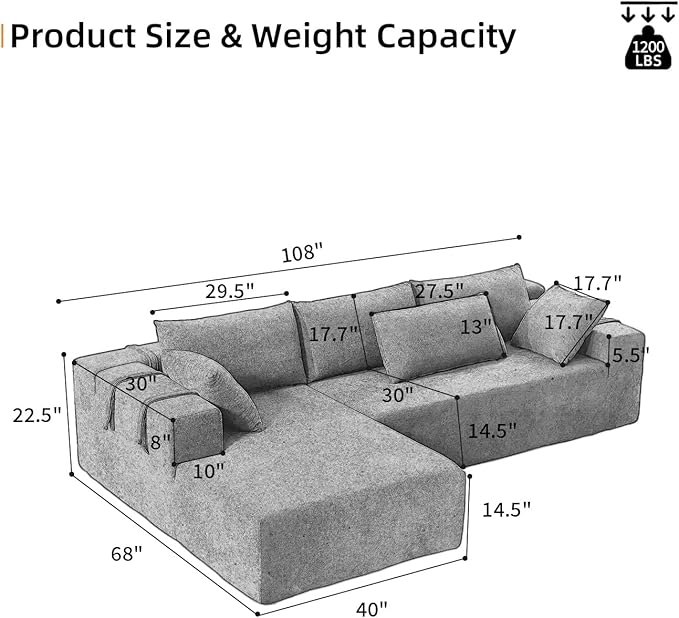 108" Modular Sectional Couch Sofa with L-Shape Chaise, Modern Cloud Comfy Sofa with Deep Seat, Upholstered Couches for Living Room Bedroom, No Assembly Required (Green Right Facing Chaise)