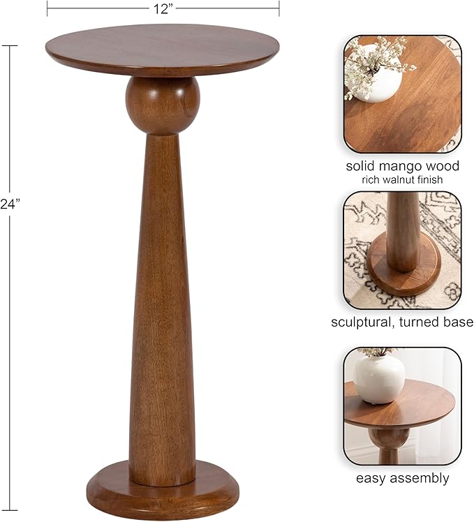 Kate and Laurel Jakob Modern Wooden Round Side Table, 12 x 24, Walnut Brown, Circle Pedestal Table for Use as Bedroom Nightstand, Indoor Plant Stand, or Decorative Living Room Table