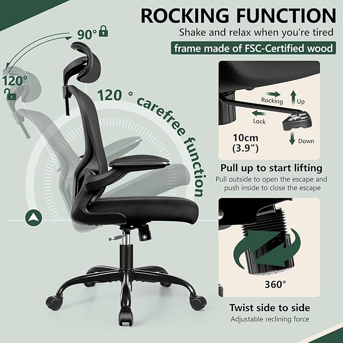 FelixKing Office Chair Ergonomic Desk Chair with Headrest, High Back Computer with Adjustable Lumbar Support and Wheels,Executive Swivel Comfy with flip-up Armrests for Home Office