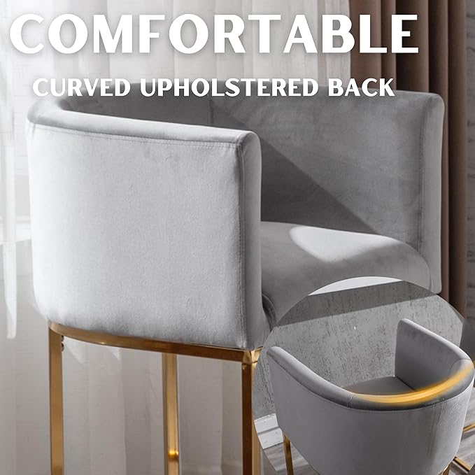Contemporary Grey Velvet Bar Stools Set of 3, 24" Upholstered Fabric Counter Height Barstools Kitchen Counter Island Stools with Screwed Together Golden Metal Base