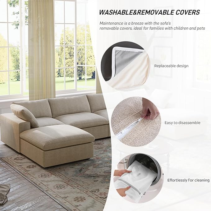 Cloud Couch Modular Sectional Sofa with Storage Ottomans,160.6" Down Filled 6 Seater Convertible Sectional Sofas,V Shaped Khaki Couch for Living Room,Covers Washable&Replaceable