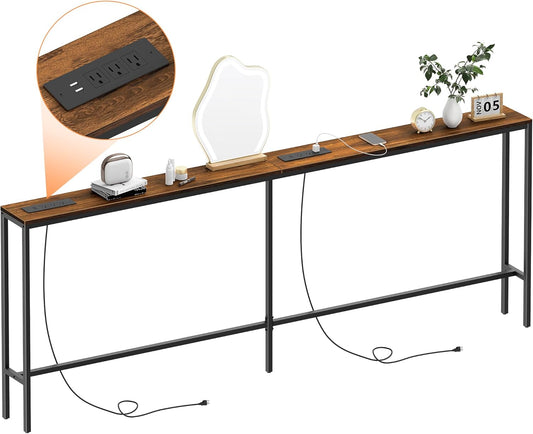 80.7'' Narrow Sofa Table with 2 Power Outlets (6 AC Outlets & 4 USB Ports), Thin Console Tables Narrow Long, Behind Couch Table Skinny for Entryway, Living Room, Hallway, Foyer, Rustic Brown