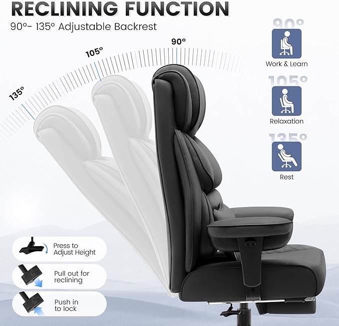 Office Desk Chair, Big and Tall Leather Gaming Chair with Footrest, Wide Ergonomic Comfy Executive High-Back Reclining Computer Chairs, Swivel Rolling Wheels and Padded Lumbar Support, Black