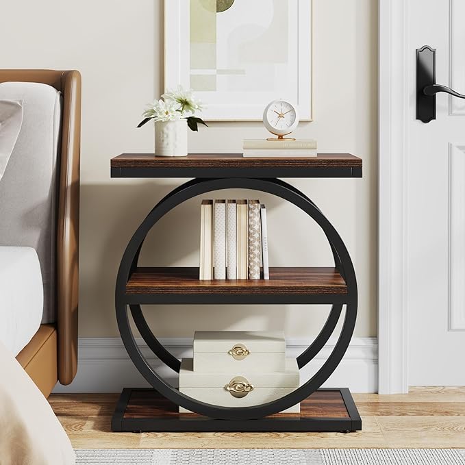 LITTLE TREE 3-Tier End Table, Industrial Side Table with Storage Shelves, Small Sofa Side Table for Living Room, Wooden Side End Table with Double Round Metal Legs