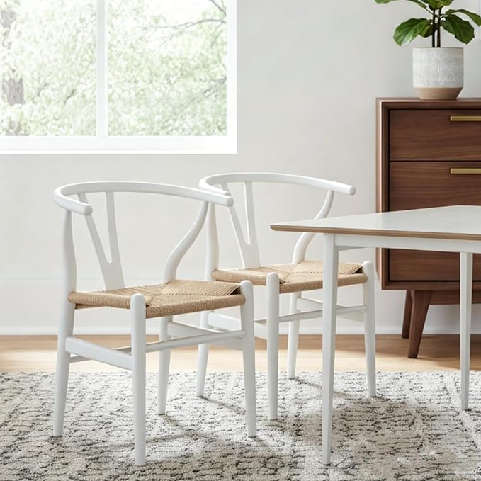 Tomile Wishbone Chairs Set of 2, Modern White Dining Chair with Arms, Solid Ash Wood Frame with Woven Seat, Mid-Century Y-Back Design for Kitchen & Dining Room Chairs Set (Ash Wood - White)