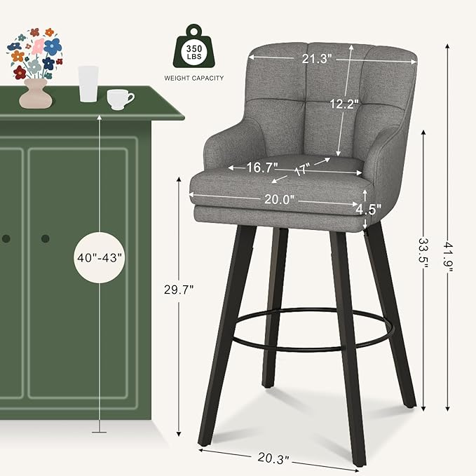 360°Swivel Counter Height Bar Stools with Back, 30 inch Solid Wood Legs, Bar Stool Modern Kitchen Island Chairs, Fabric (Mid-Grey- Fabric, 30" H- Set of 3)