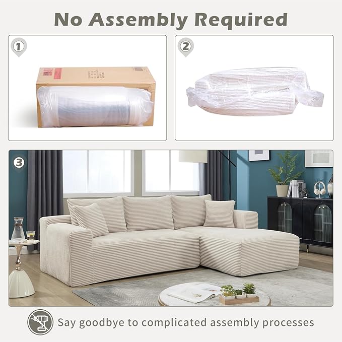 PELUMY 108.7" L-Shaped Modular Sectional Sofa with Oversized Chaise, Cloud Couch with Memory Foam, No Assembly Required Sleeper Sofa for Small Space Living Room, Apartment (Beige, Corduroy)