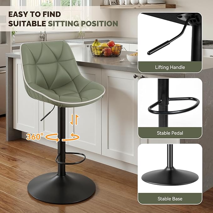 Nalupatio Bar Stools Set of 4, Adjustable Swivel Counter Height Bar Stools with Back, Armless Modern Barstools for Kitchen Island & Home Bar, Upholstered Seat,（Green）