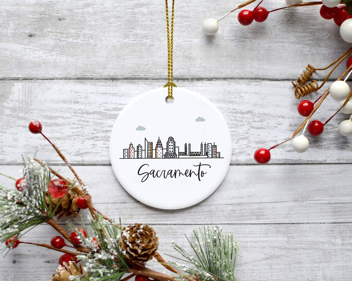 Andaz Press Round Ceramic Porcelain Christmas Tree Ornament Keepsake Gift, Sacramento, Colorful City Skyline Graphic, 1-Pack, Birthday Ideas Family Coworker Him Her, Includes Gift Box