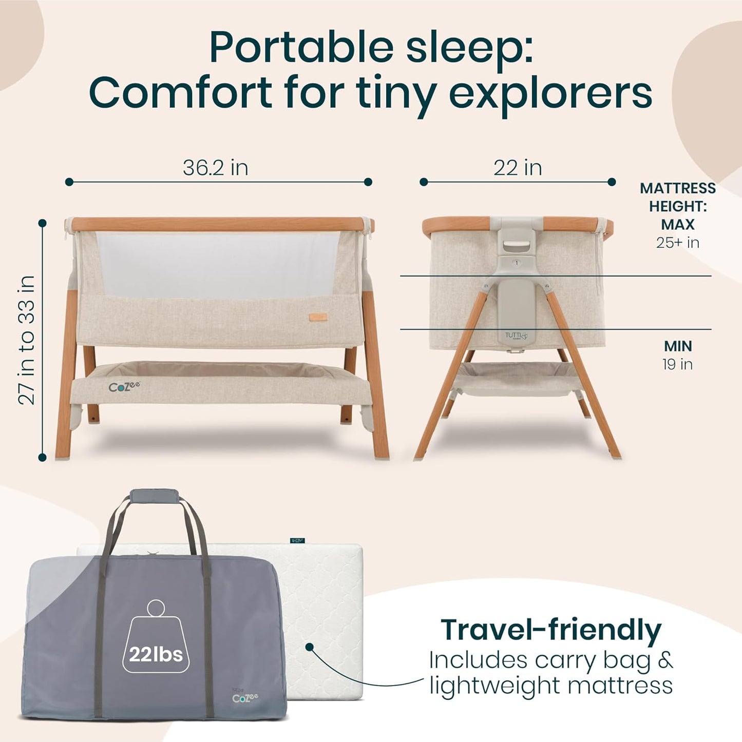 CoZee® 2-in-1 Baby Bassinet & Bedside Sleeper - Fast-Folding Bedside Bassinet, Baby Crib with 6 Mattress Heights & Breathable Mesh Window, Mattress Included, 0-6 Months (Walnut & Ecru)