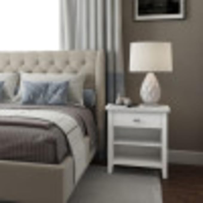 SIMPLIHOME Artisan Bedside Table - 24 inch Wide Solid Wood Nightstand Table in White, Contemporary Bedroom Side or End Table with 1 Drawer, Open Shelf Storage and Bronze Knobs