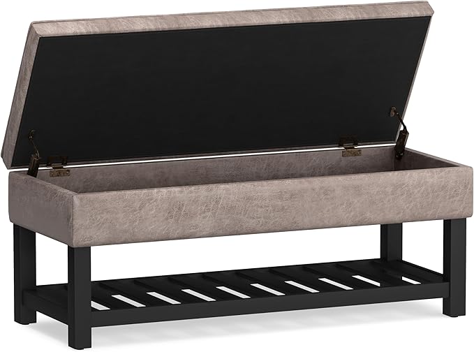 SIMPLIHOME Cosmopolitan Storage Ottoman Bench - 44 inch Wide Upholstered Vegan Leather Rectangle Storage Ottoman in Distressed Grey Taupe, Transitional Bench for Bedroom with Tufted Lift-Top and Shelf
