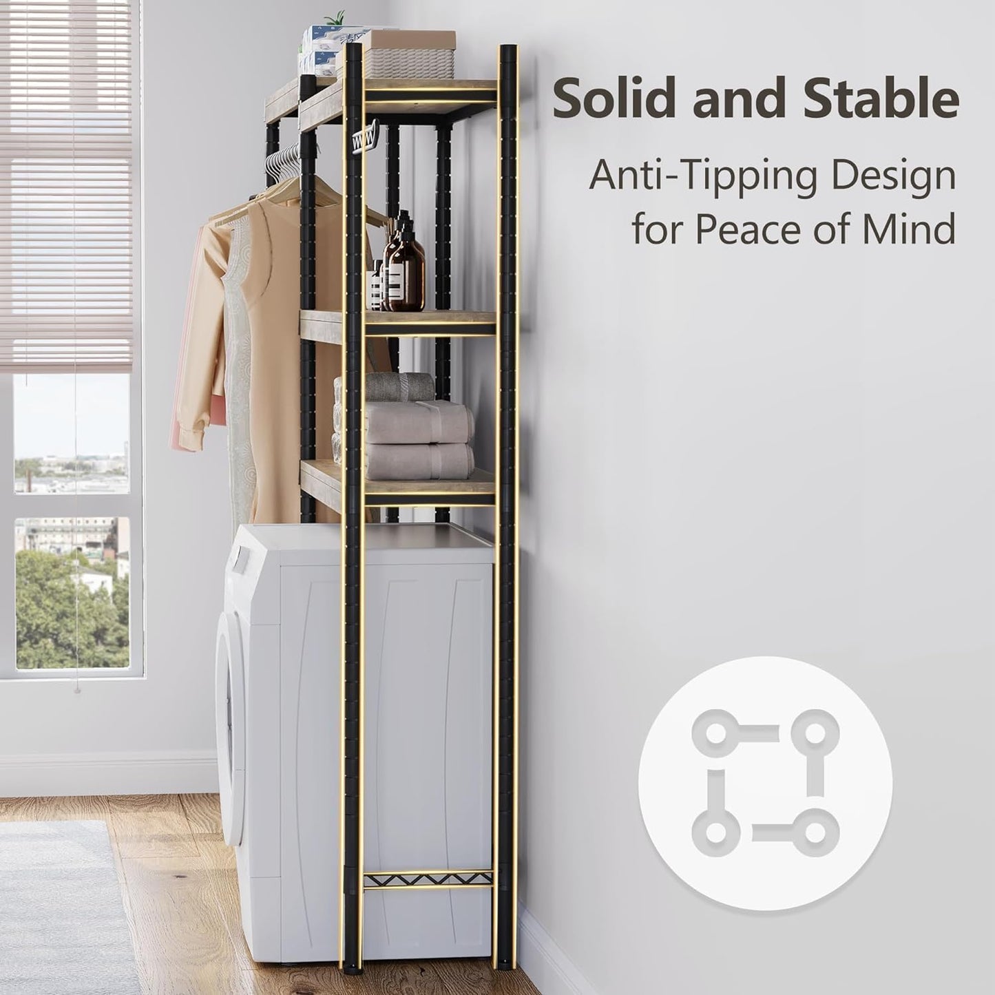 CABIHOME Heavy-Duty Laundry Shelf with Drying Racks | Space-Saving Adjustable Over-Washer Storage Organizer | 4-Tier Bathroom & Laundry Room Shelving Unit (Engineered Wood, 28")