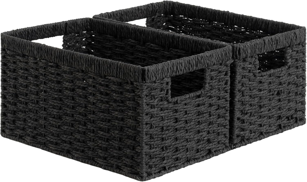 StorageWorks Pantry Baskets, Wicker Storage Baskets for Organizing, Bathroom Shelves, Pantry Organizers and Storage, Medium, Black, 2-Pack