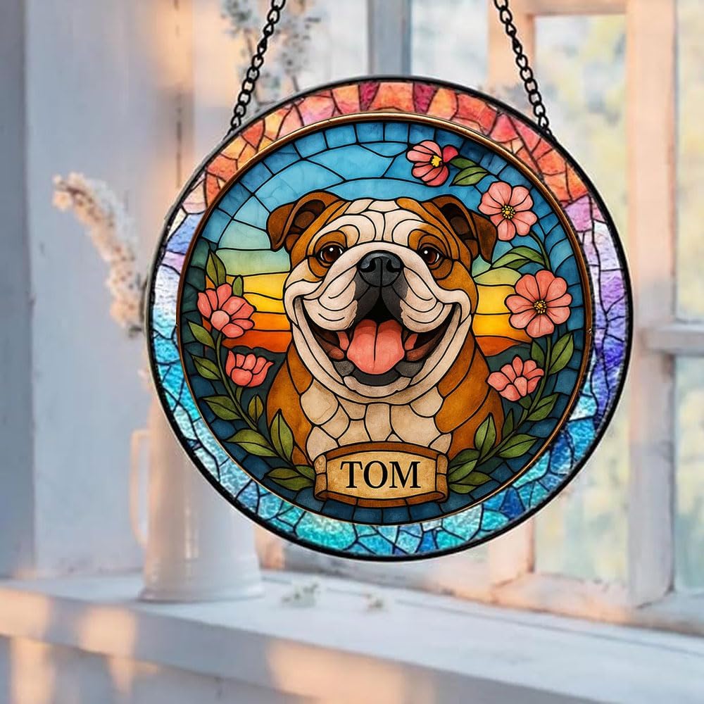 Custom Stained Glass with Pet Portrait & Name, Personalized Window Hanging, Pet Loss Memorial Gift, Dog Lover Keepsake, Unique Home Decoration for Dog Mom & Dad