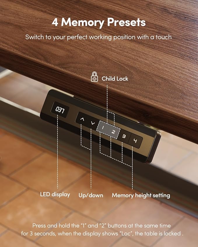 FEZIBO One-Piece Standing Desk Adjustable Height Stand up Home Office Desk, 32x20 Inch Electric Standing Computer Desk, with 4 Memory Presets, Headphone Hook, Black Walnut