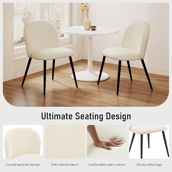 Upholstered Dining Chairs Set of 2, Modern Kitchen Side Chair with Padded Seat Comfortable Chenille Fabric Study Matel Legs,Desk Chairs with Back for Dining Room Kitchen, Beige