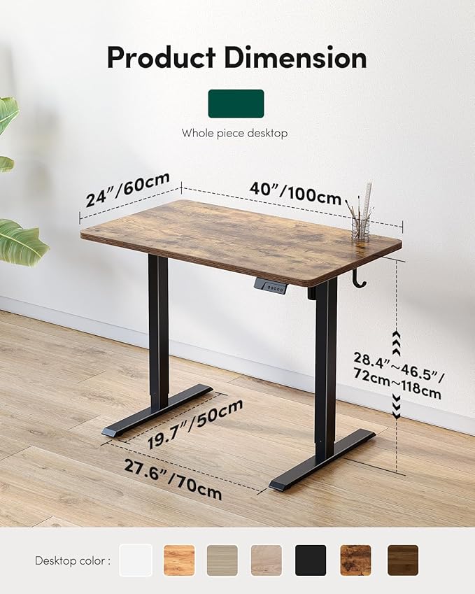 FEZIBO One-Piece Standing Desk Adjustable Height Stand up Home Office Desk, 40x24 Inch Electric Standing Computer Desk, with 4 Memory Presets, Headphone Hook, Rustic Brown