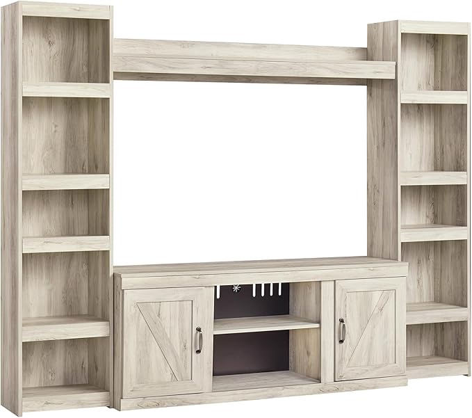Signature Design by Ashley Bellaby Farmhouse 4-Piece Entertainment Center for TVs up to 69" with Adjustable Shelves, Whitewash