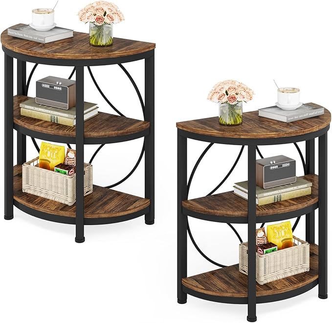 Tribesigns Half Round End Table for Living Room Set of 2, 3-Tier Half Side Table with Metal Frame, Industrial Half Moon Table, Half Circle Accent Table for Entryway, Bedroom, Rustic Brown