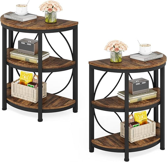 Tribesigns Half Round End Table for Living Room Set of 2, 3-Tier Half Side Table with Metal Frame, Industrial Half Moon Table, Half Circle Accent Table for Entryway, Bedroom, Rustic Brown