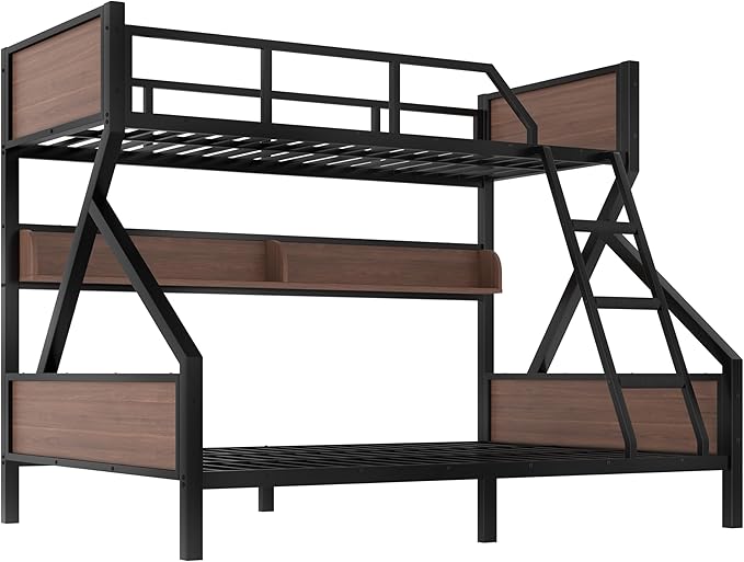 Bellemave Twin XL Over Queen Bunk Bed with Storage Shelf and RGB LED Lights, Adults Bunk Bed with Angle Padded Ladder, Heavy Duty Bunk Beds with Noise-Reducing Rubber Stoppers, Black