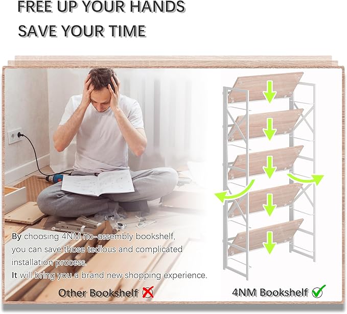 4NM 5 Tiers No Assembly Book Shelves, 51.2" H Folding Bookshelf Bookcase Open Industrial Foldable Shelves for Bedroom, Living Room, Home Office - Natural White