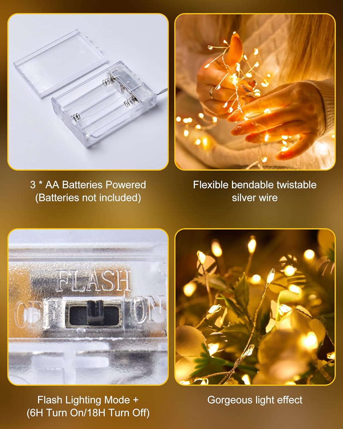 4 Pack Fairy Lights Battery Operated, 5 Feet 60 LED Twinkle String Lights Waterproof Firecracker Starry Lights for DIY Wreath Home Wedding Bedroom Mason Jar Holiday Christmas Decorations, Warm White