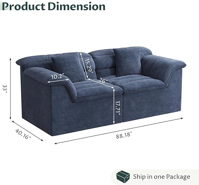 88" Sofa with Deep Seats Oversize, 3 Seater Cloud Couches, Upholstered Corduroy Couch for Living Room Bedroom, No Assembly Required, Blue