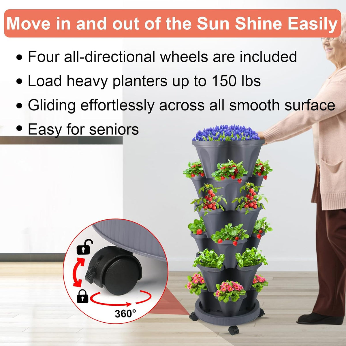 DUNCHATY Stackable Planter, Vertical Garden Planter with Wheels and Tools, Self Watering Strawberry Planter Indoor/Outdoor 6 Tier Herb Planter Pots for Growing Vegetables and Succulents, Dark Gray
