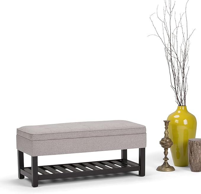 SIMPLIHOME Cosmopolitan Storage Ottoman Bench - 44 inch Wide Upholstered Linen Look Fabric Rectangle Storage Ottoman in Cloud Grey, Transitional Bench for Bedroom with Tufted Lift-Top and Open Shelf