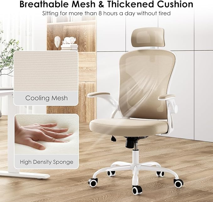 Farini Ergonomic Office Chair, Home Office Desk Chair with Headrest, High Back Computer Chair with Armrests and Adjustable Lumbar Support for Home Office Study Room, White & Khaki