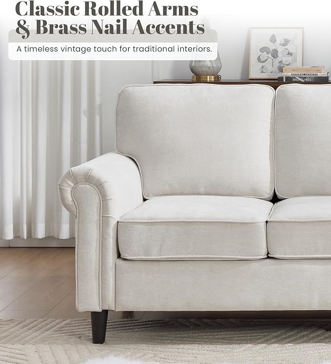 Kingfun 3 Seater Couch, Mid Century Modern Sofa Set with Rolled Arms and Deep Seats, Fluffy Comfort for Living Room, Apartment, Easy Assembly, Beige