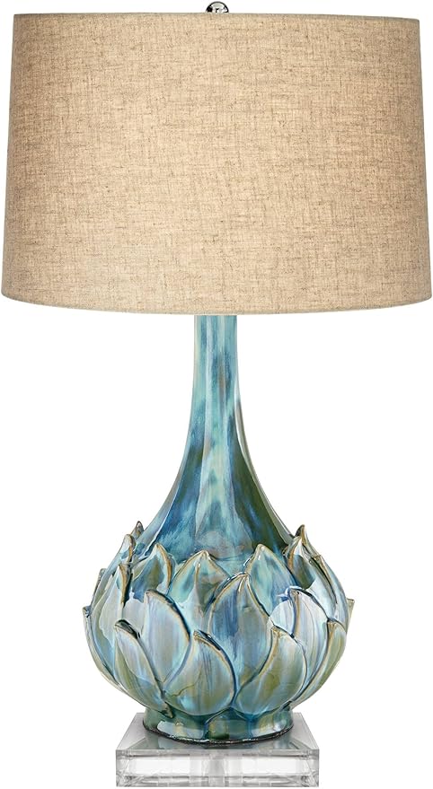 Possini Euro Design Kenya Modern Tropical Table Lamp with Riser 31" Tall Blue Green Ceramic Beige Linen Drum Shade for Living Room Bedroom House Bedside Home Office Entryway (Color May Vary)