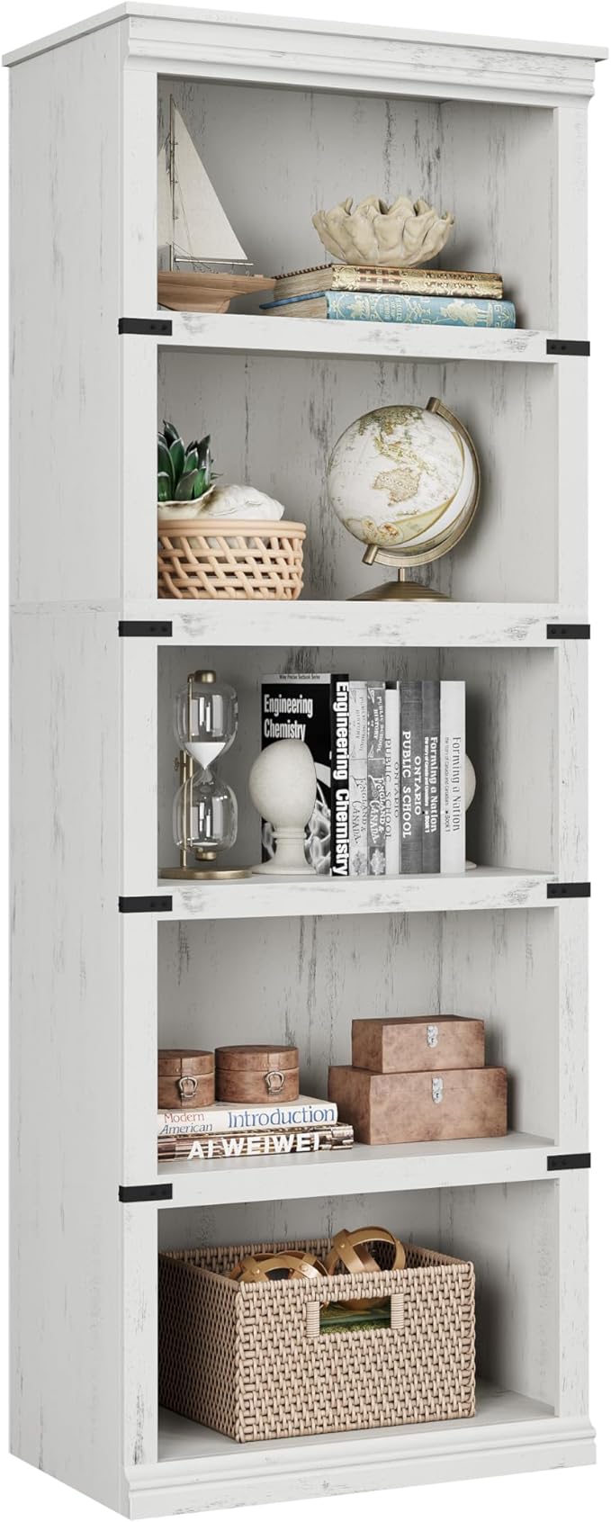 IDEALHOUSE 5 Tier Bookcase, Farmhouse Book Shelf with Storage, Tall Book Case Wooden 5 Shelf Bookcase for Home Office, Living Room, Bed Room (White, 67.4" H x 24.6" W x 12.8" D)