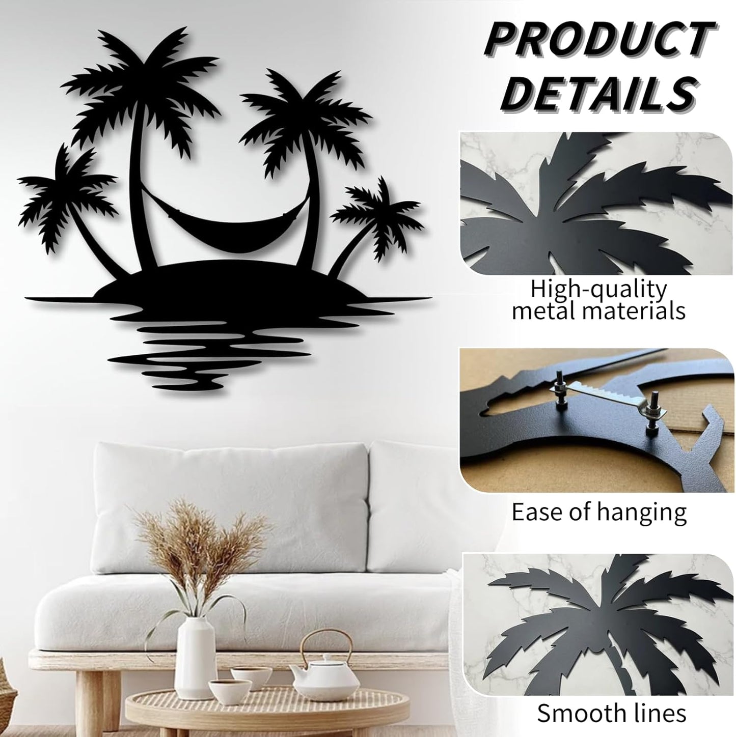 Palm Tree Metal Wall Decor,Palm Tree Outdoor Wall Art,Tropical Palm Tree Wall Decorations for Living Room,Outdoor Wall Decorations for House(39"×35",Black)