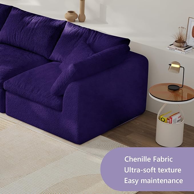 138" Boneless Cloud Couch Modular Sectional Sofa with Deep Seat for Living Room, L Shape Couch with Ottoman, Snowflake Cloth and 40D Memory Sponge，2 Throw Pillows (Purple, 4 Seater+4 Ottoman)