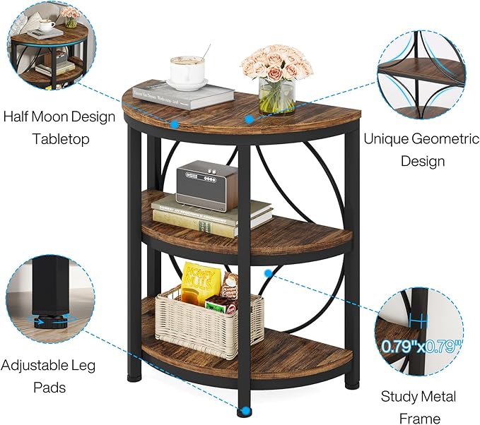 Tribesigns Half Round End Table for Living Room Set of 2, 3-Tier Half Side Table with Metal Frame, Industrial Half Moon Table, Half Circle Accent Table for Entryway, Bedroom, Rustic Brown