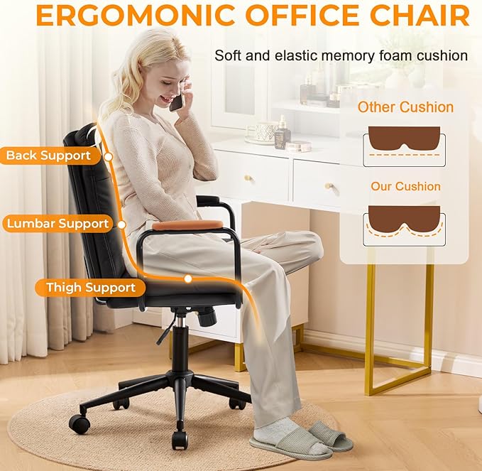 Furniliving Leather Home Desk Chair, Comfortable Executive Office Chair with Wheels, Ergonomic Computer Task Chair Adjustable Height, Black